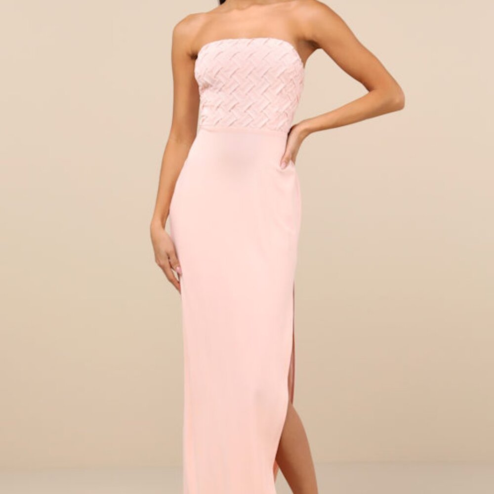 Lulus Stunning Concept Light Pink Mesh Rhinestone Strapless Maxi Dress - Size M